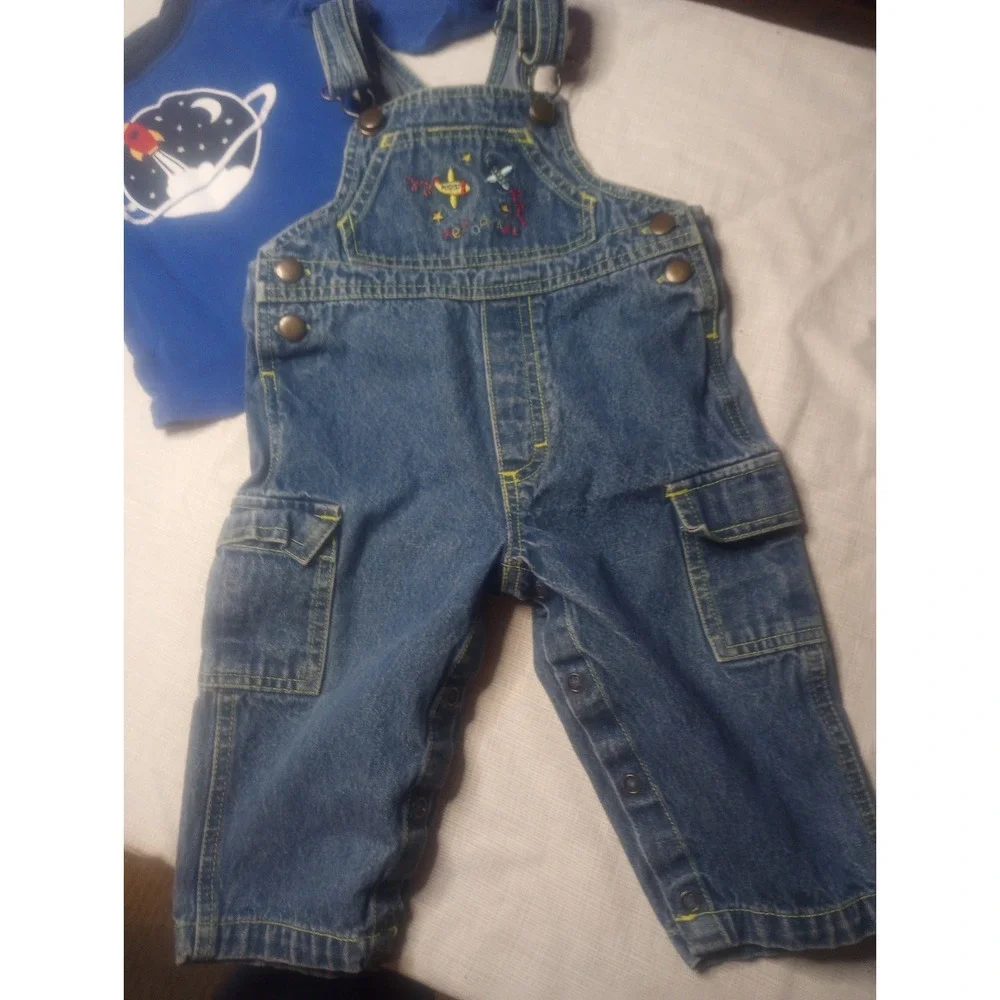 Vtg 18 Month Denim Overall Bibs Aeroplane Embroidered With Shirt‎